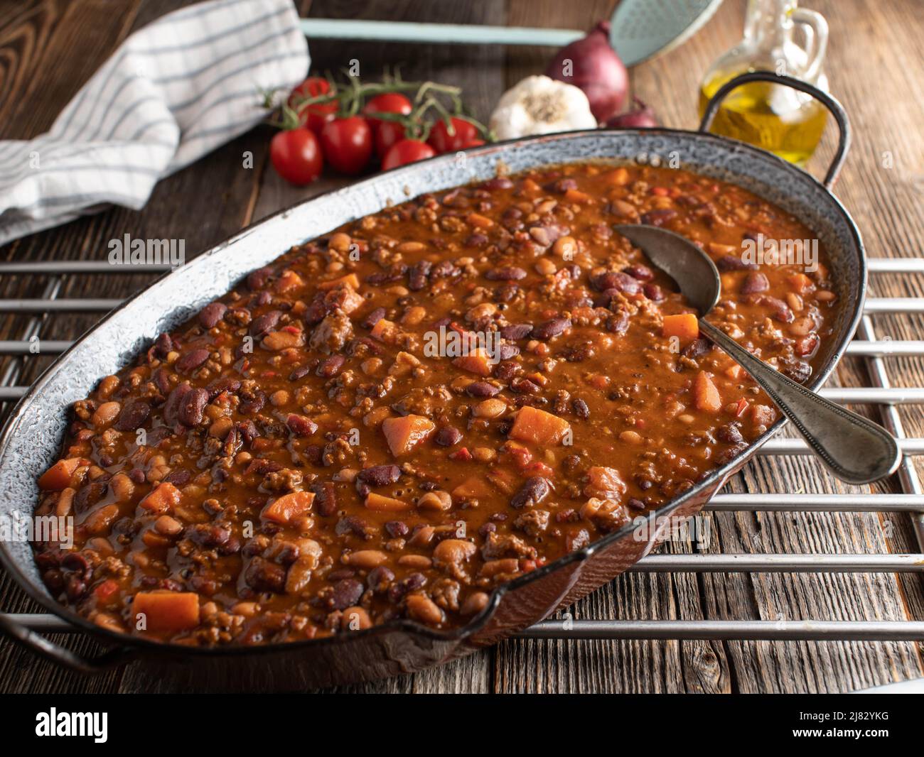 Rustic bean stew alla chili con carne with minced meat and sweet ...