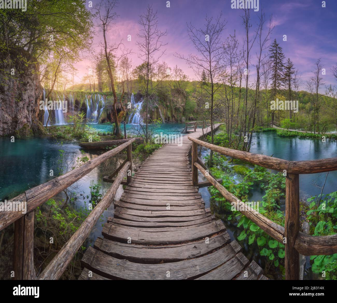 Waterfall and wooden path in green forest in Plitvice Lakes Stock Photo