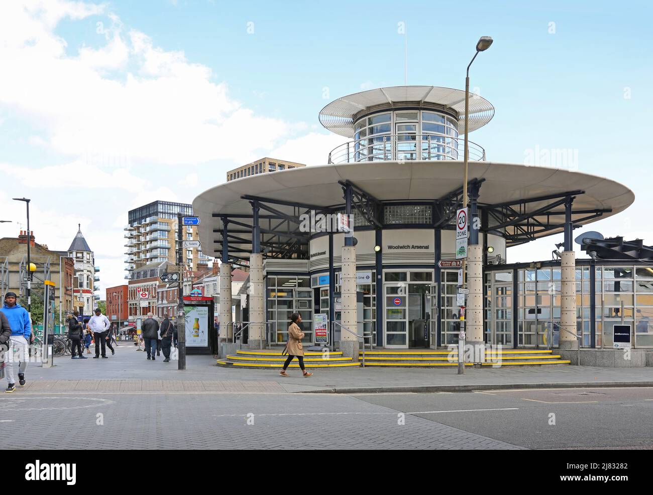 Entrance to Woolwich Arsenal railway station. Southeastern rail network. Corner of Woolwich New Road and Vincent Road. Stock Photo