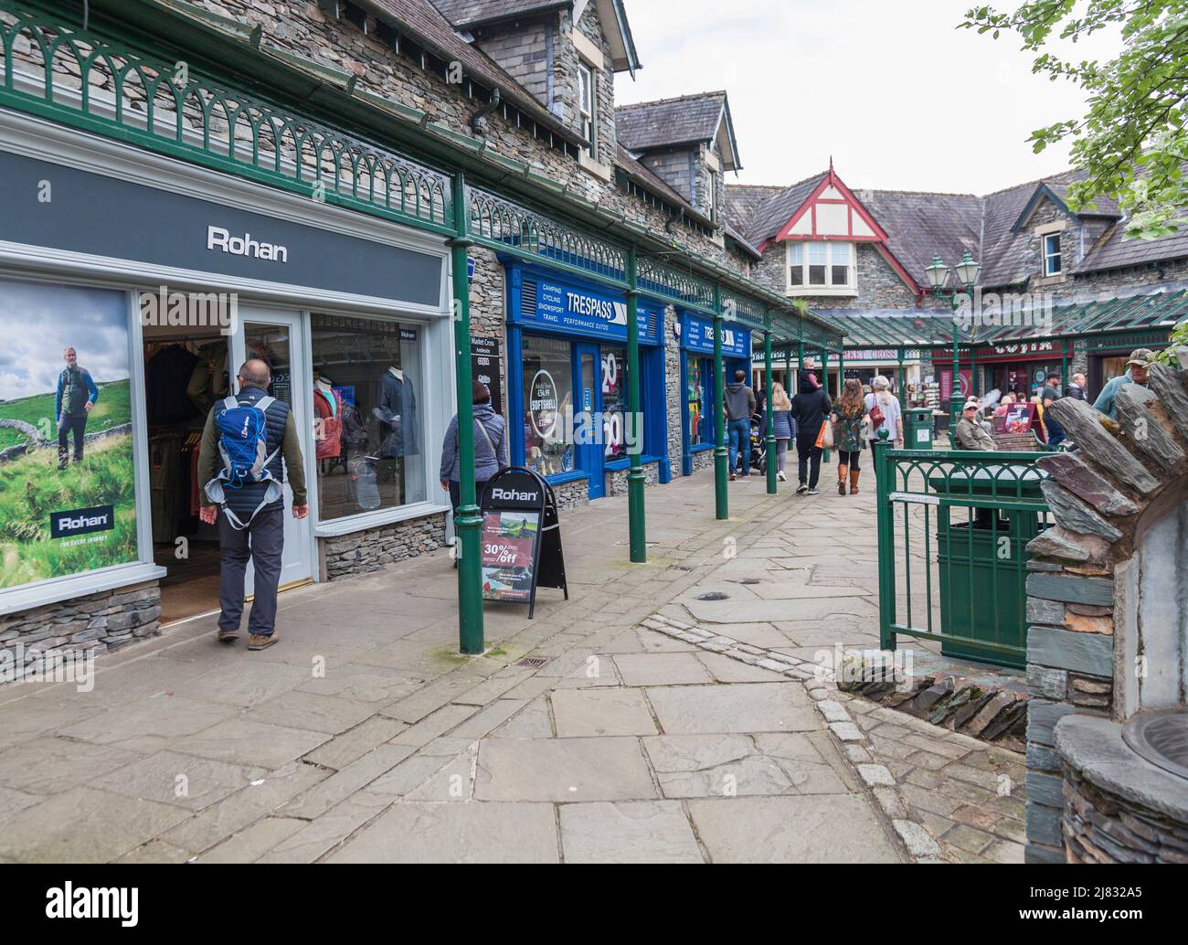 Shopping precinct in Ambleside,Lake District,England,UK. Rohan and Trespass shops Stock Photo