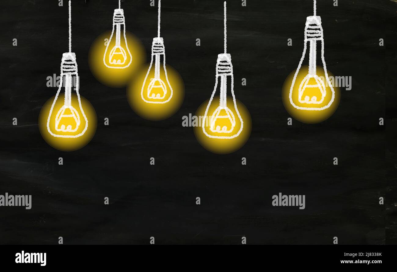 Idea,innovation,start up,solution and creativity concept. Light bulbs on black board, design template large copy space Stock Photo