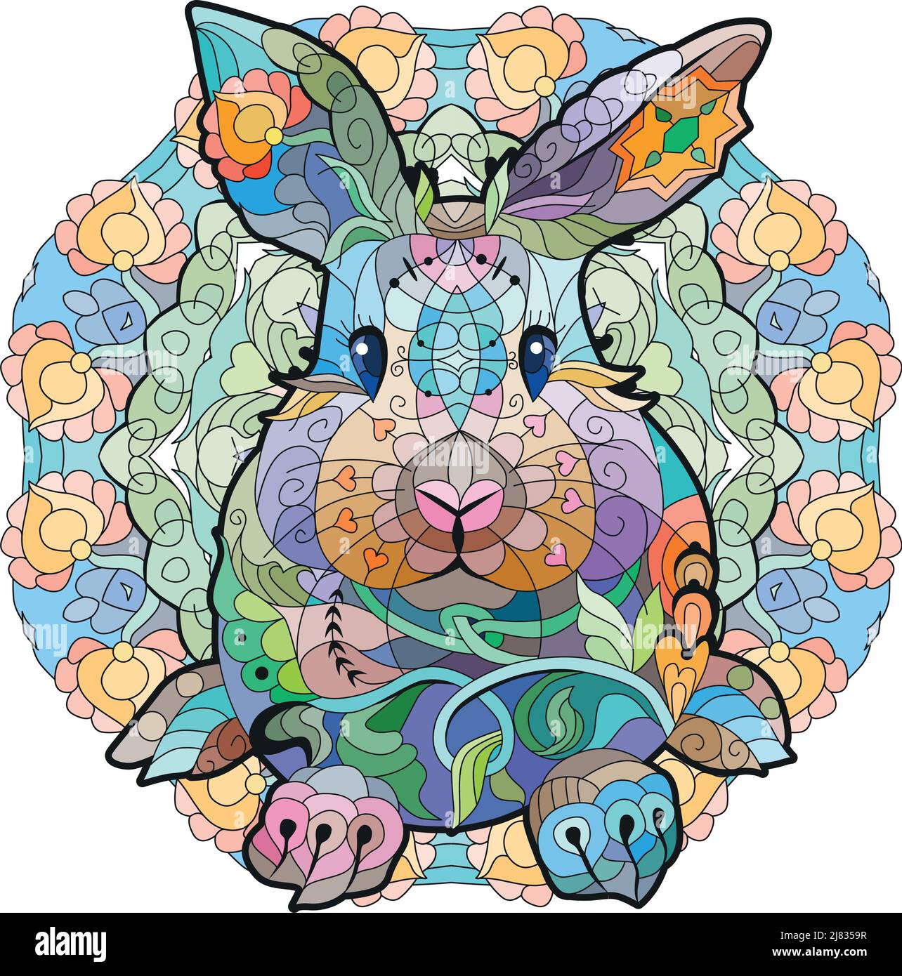 Spring rabbit on mandala. Easter background with creative cute bunny. Colorful vector ...