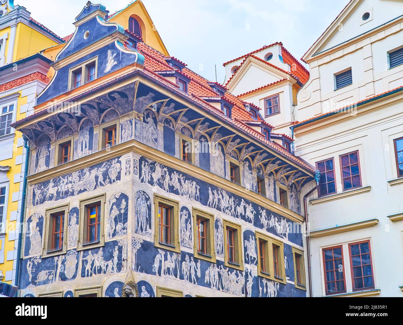 The richly decorated sgraffito facade of House at the Minute, located in Old Town Square, Prague, Czech Republic Stock Photo