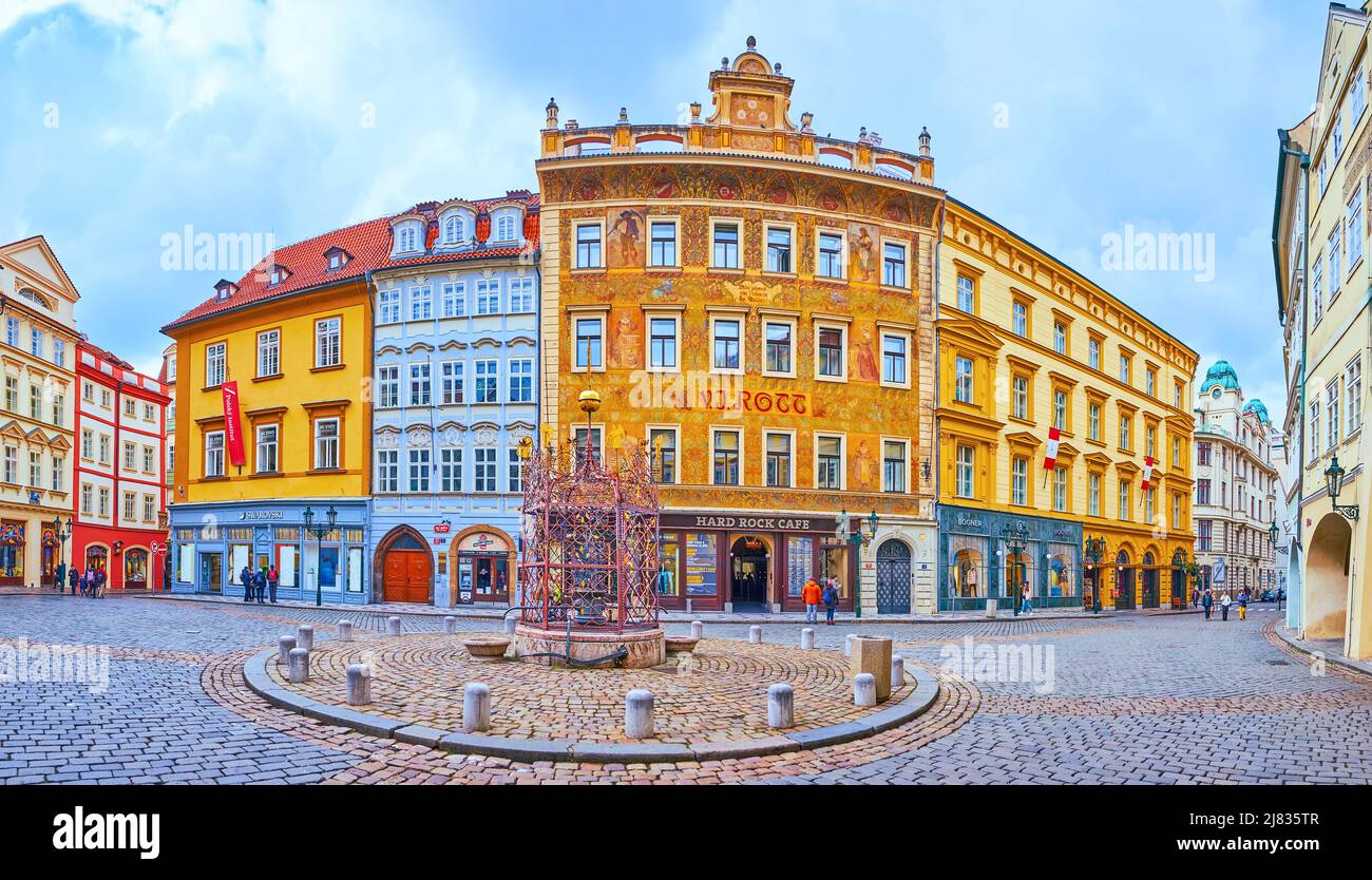 PRAGUE, CZECH REPUBLIC - MARCH 5, 2022: The richly decorated painted U Rotta House in Little Square of Prague Old Town district, on March 5 in Prague Stock Photo