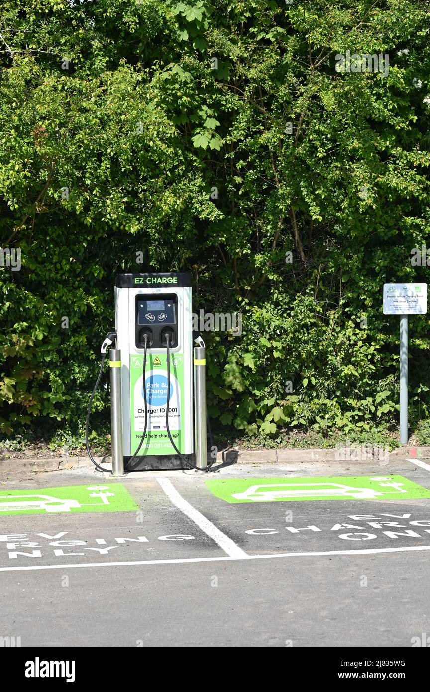 Electric vehicle charging points in a car park in the north Oxfordshire