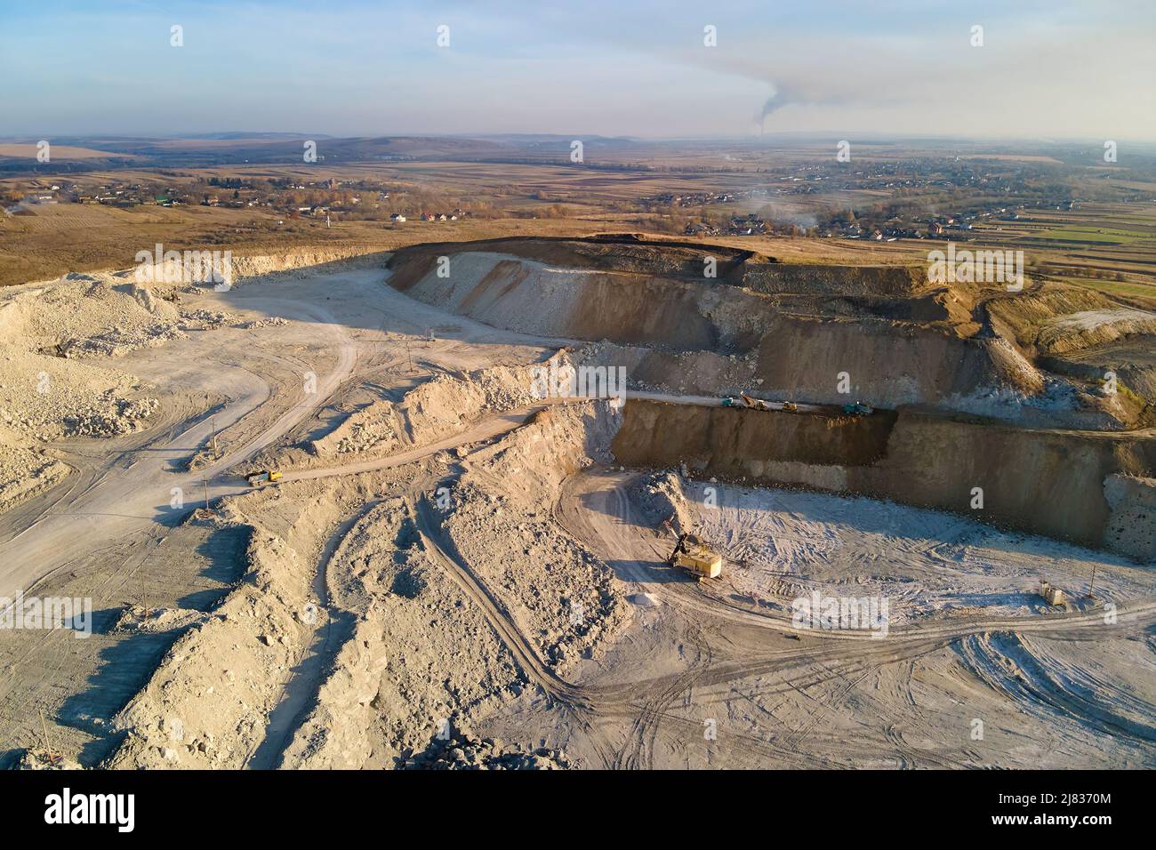 Aerial view of open pit mining site of limestone materials for