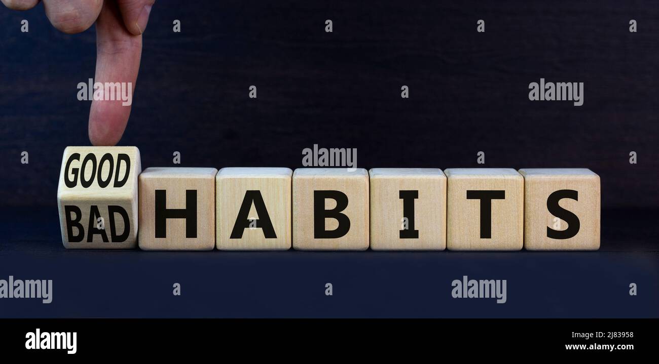 Good or bad habits symbol. Turned wooden cubes and changed concept ...