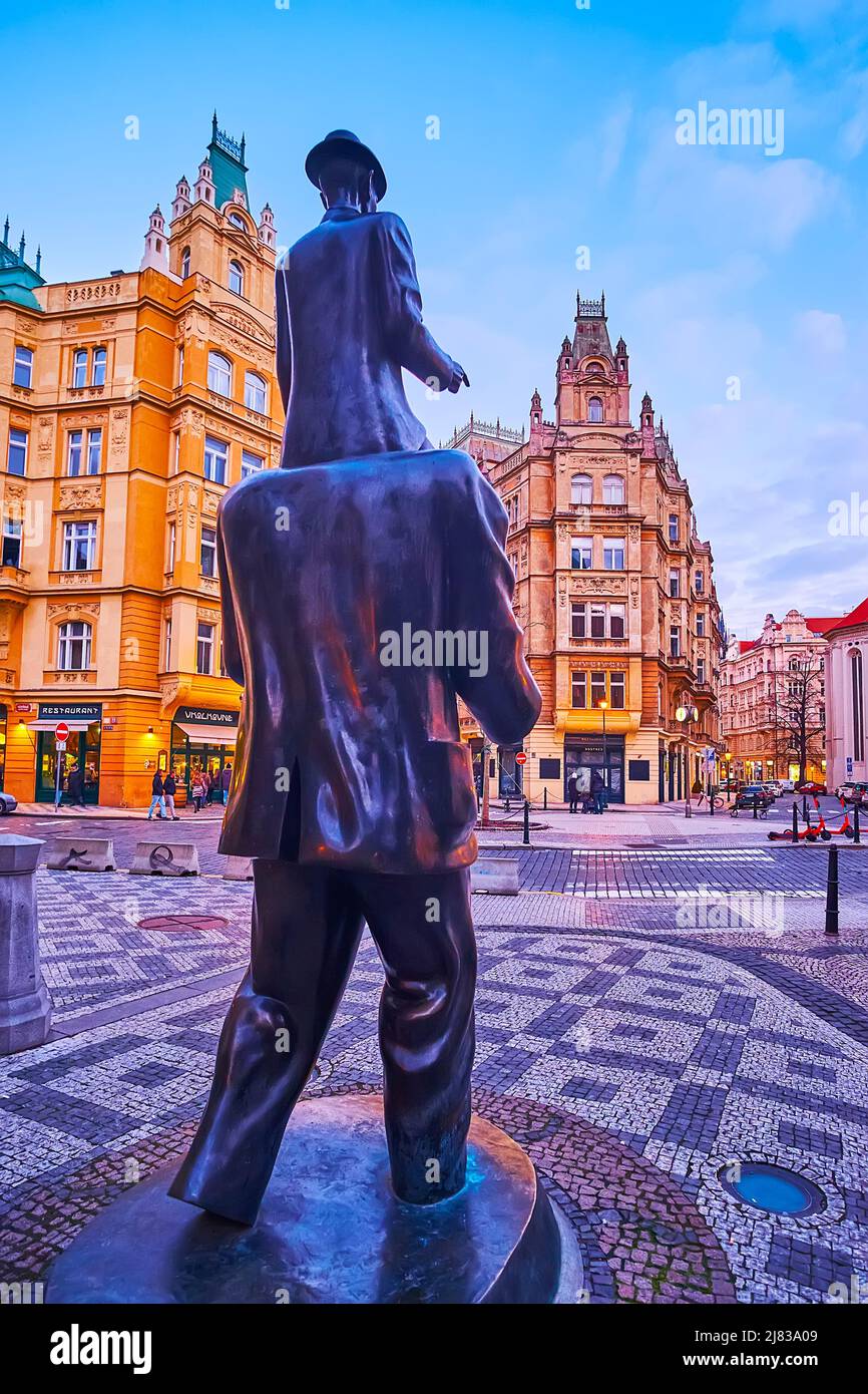 PRAGUE, CZECH REPUBLIC MARCH 5, 2022 The backside of Franz Kafka statue with richly decorated