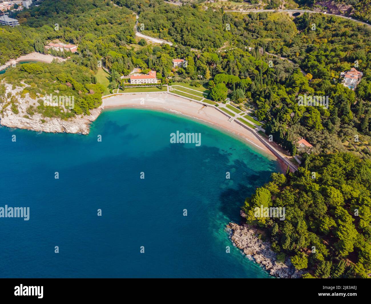 Queen's Beach in Milocer, Montenegro. Aerial view of sea waves and fantastic Rocky coast, Montenegro Stock Photo