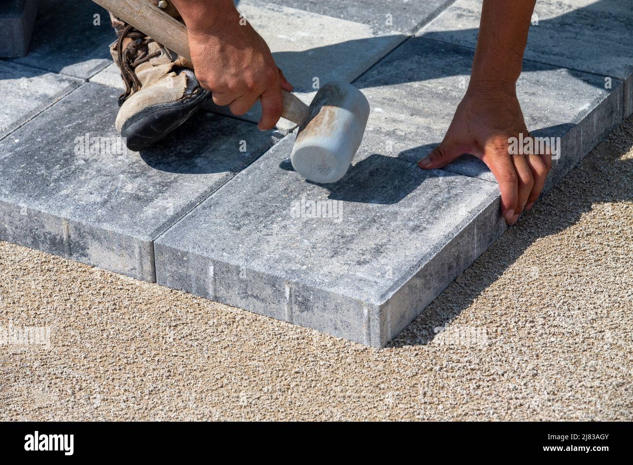 Paving stone is placed and position adjusted with a rubber hammer on a prepared sand surface Stock Photo