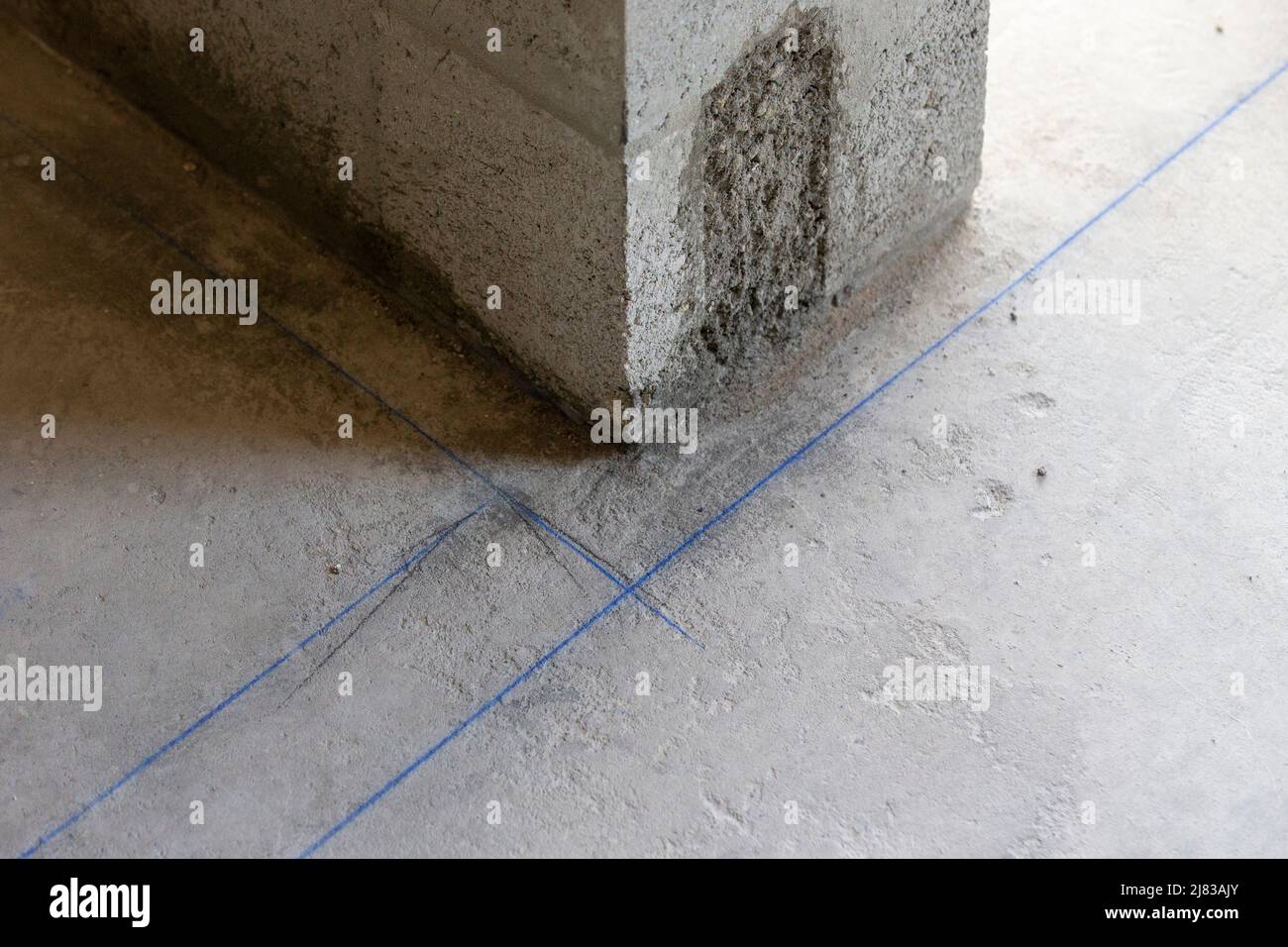 Framing outline running by a pillar or corner wall. Construction for Drywall installation Stock