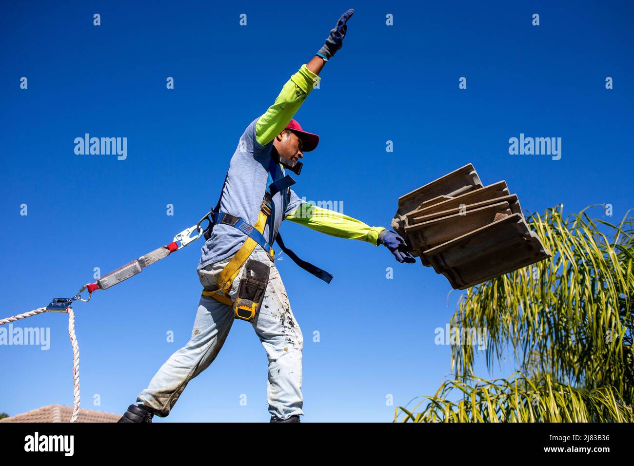 Roofer dismantling old roof tiles and throwing them into a dumpster before fixing the roof and reinstalling tar rolls and roof tiles pending inspecton Stock Photo