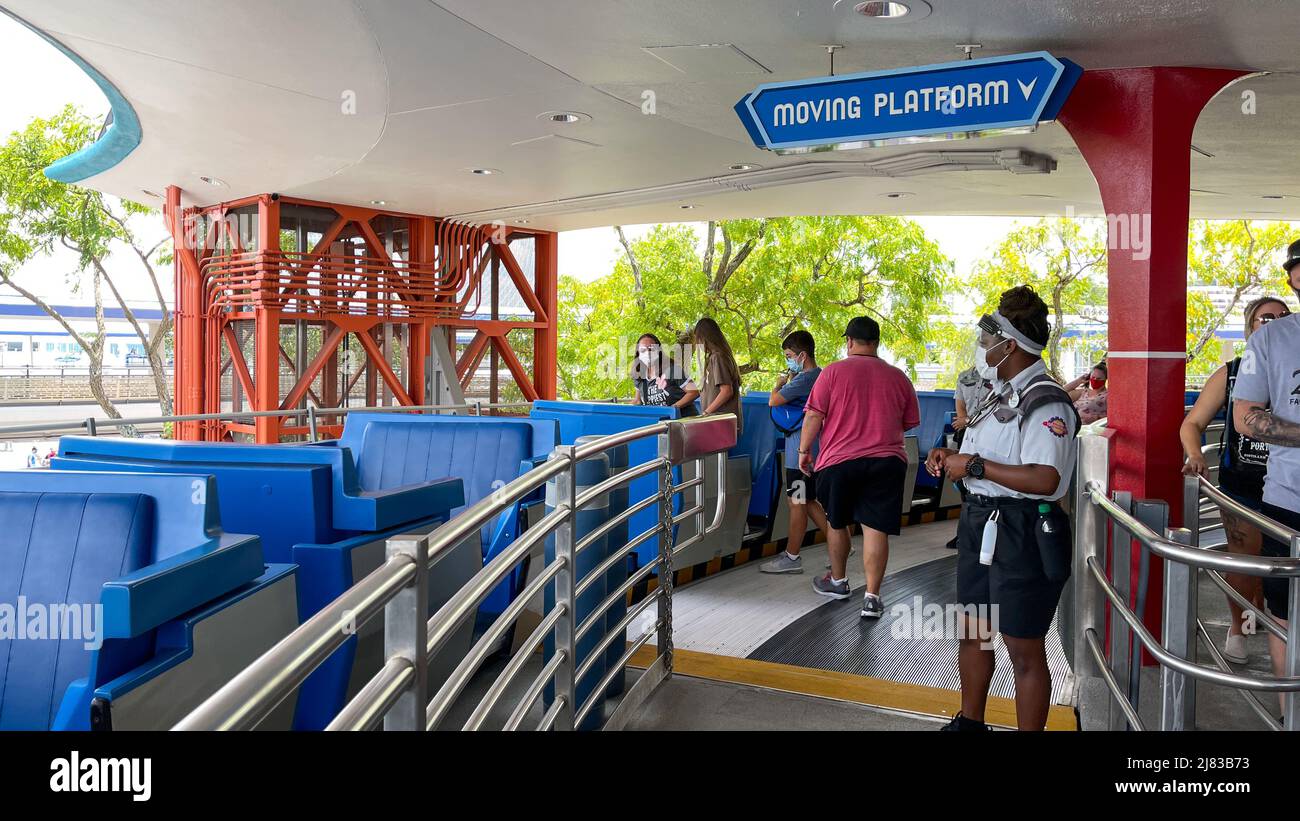 Orlando, FL USA - May 2, 2021: The ride loading area of the Peoplemover ...