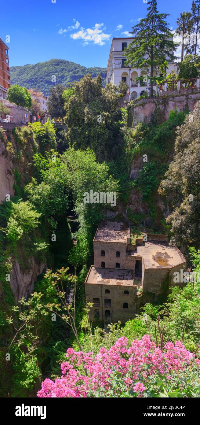 View of the “Vallone dei Mulini” or Valley of Mills, one of the most famous sights of Sorrento in Campania, Italy. Stock Photo