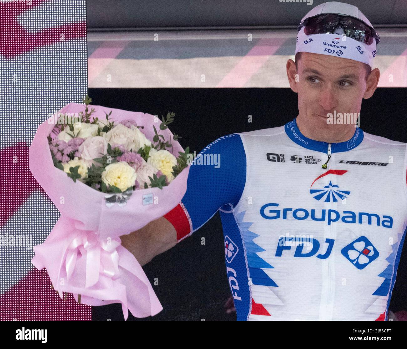 May 12, 2022, SCALEA, ITALY: French rider Arnaud Demare of Groupama - FDJ  celebrates oh the podium after winning the sixth stage of the 105th Giro  d'Italia cycling tour, a race of