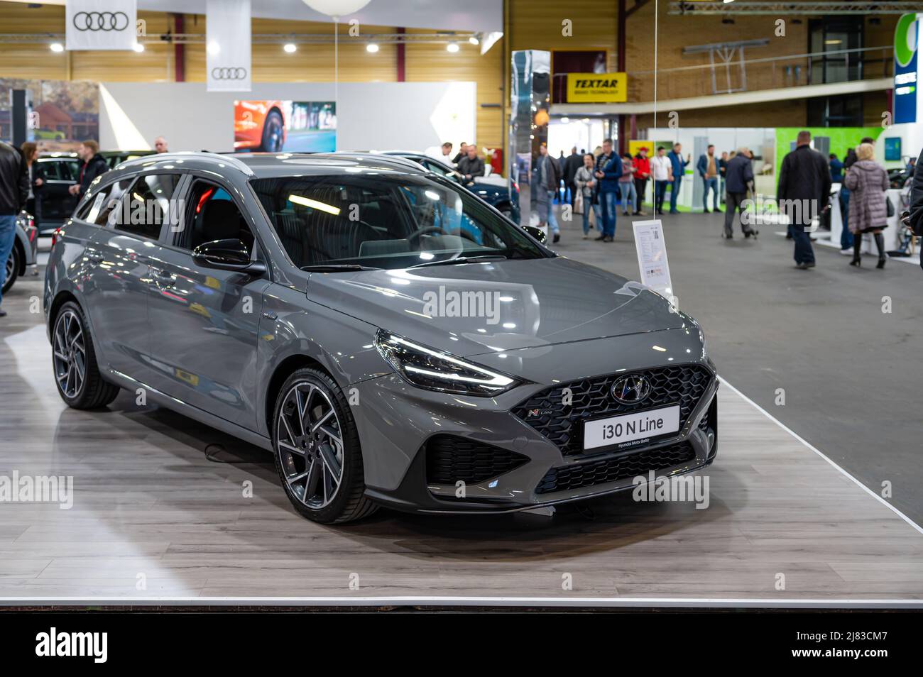 Riga, Latvia, April 29, 2022: Hyundai i30 N Line premiere at a motor show, model 2022, front view Stock Photo