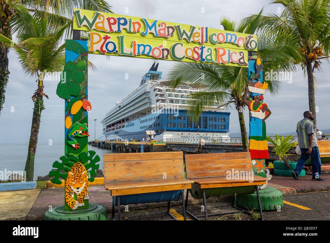 Marella Explorer 2 cruise ship behind Welcome Sign, Puerto Limon Cruise Port, Puerto Limon, Limón Province, Republic of Costa Rica Stock Photo