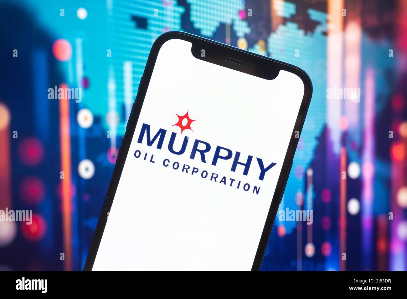 Murphy Oil Corporation logo company, gas and oil prices, energy industry. Petroleum stock market graphs, global financial background. Gasoline and Stock Photo