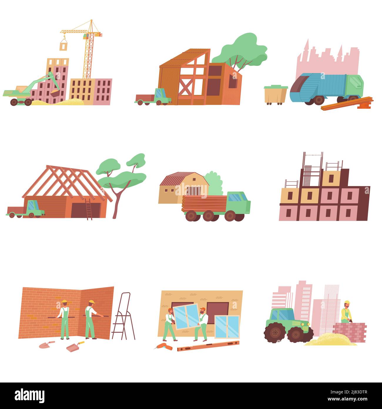Home construction set with flat icons and isolated images of urban and ...
