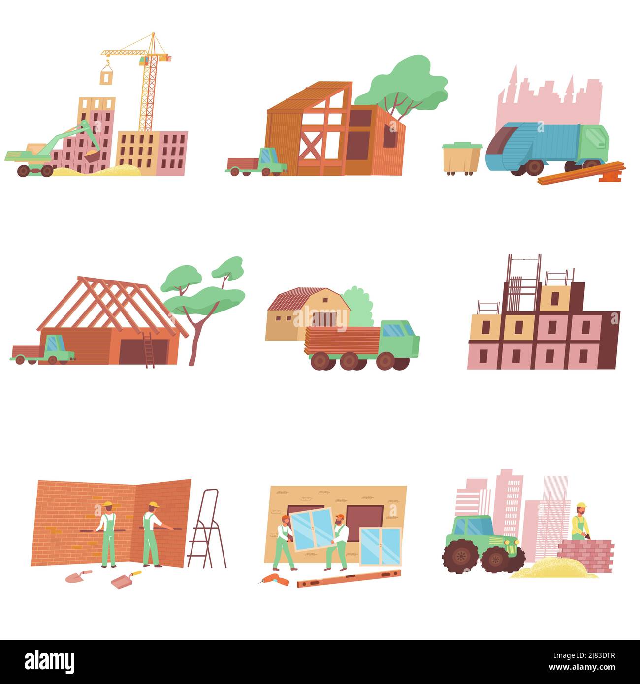 Home construction set with flat icons and isolated images of urban and country buildings with machinery vector illustration Stock Vector