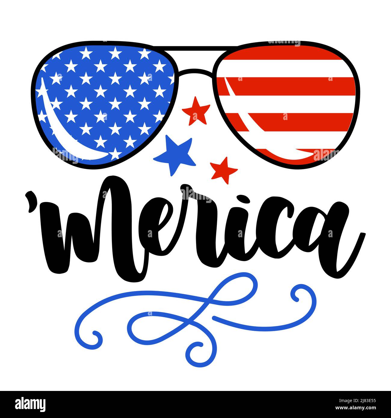 America - Independence Day, International July 4th Day greeting card. Calligraphy handwritten phrase and hand drawn sunglass. Handmade calligraphy ill Stock Vector