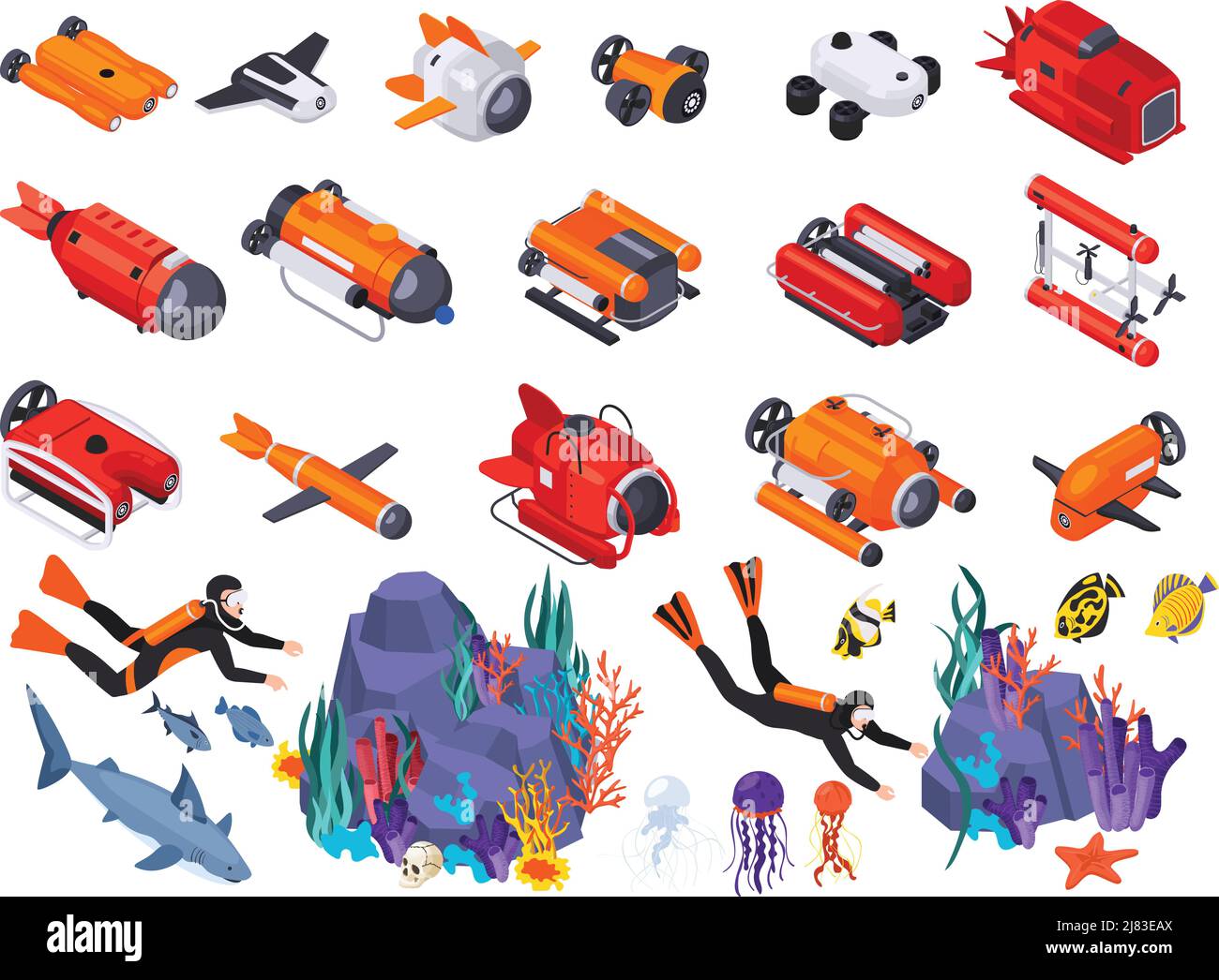Underwater vehicles machines equipment isometric isolated icon set with divers fish different tools and underwater ships vector illustration Stock Vector