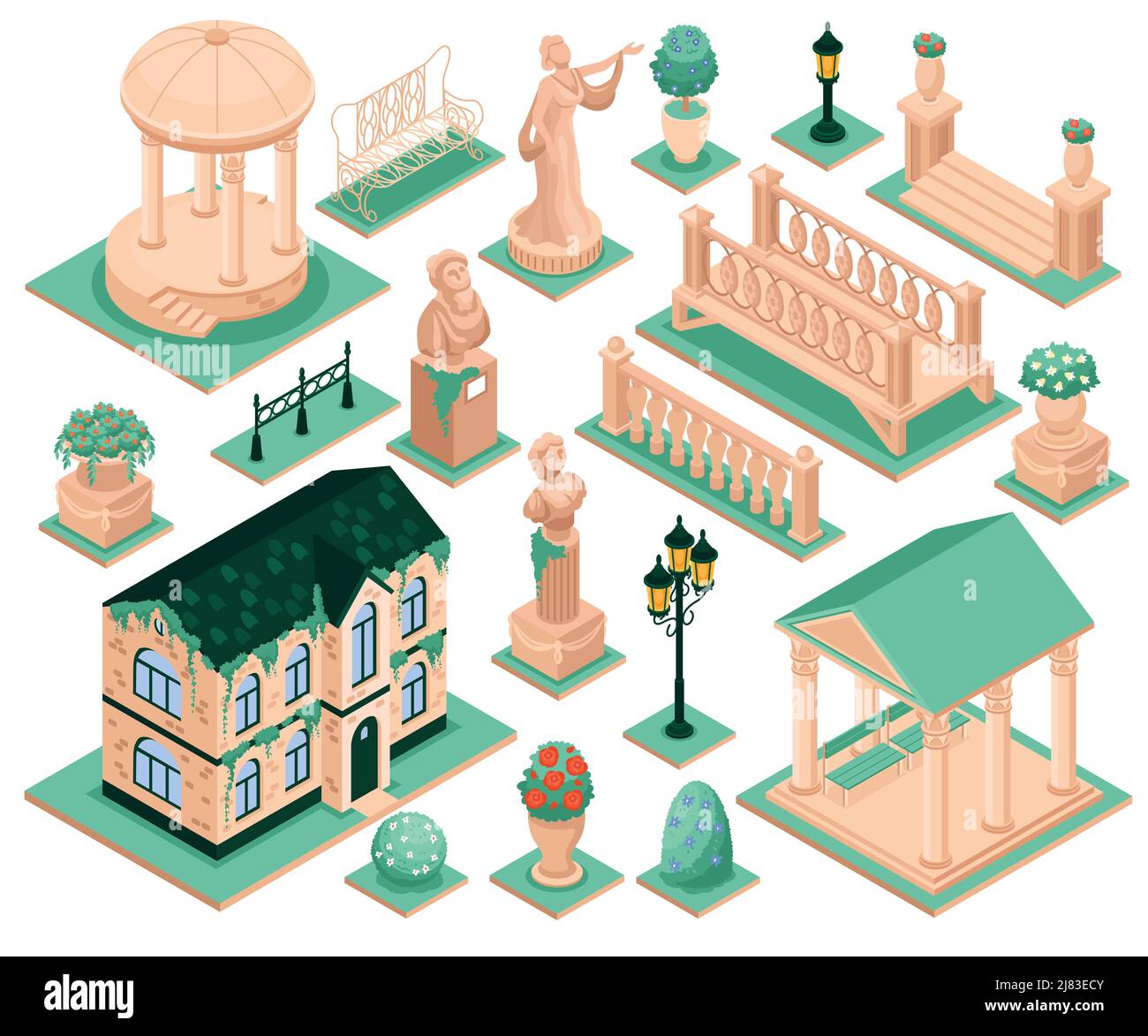 Country house garden elements set with sculpture isolated vector illustration Stock Vector