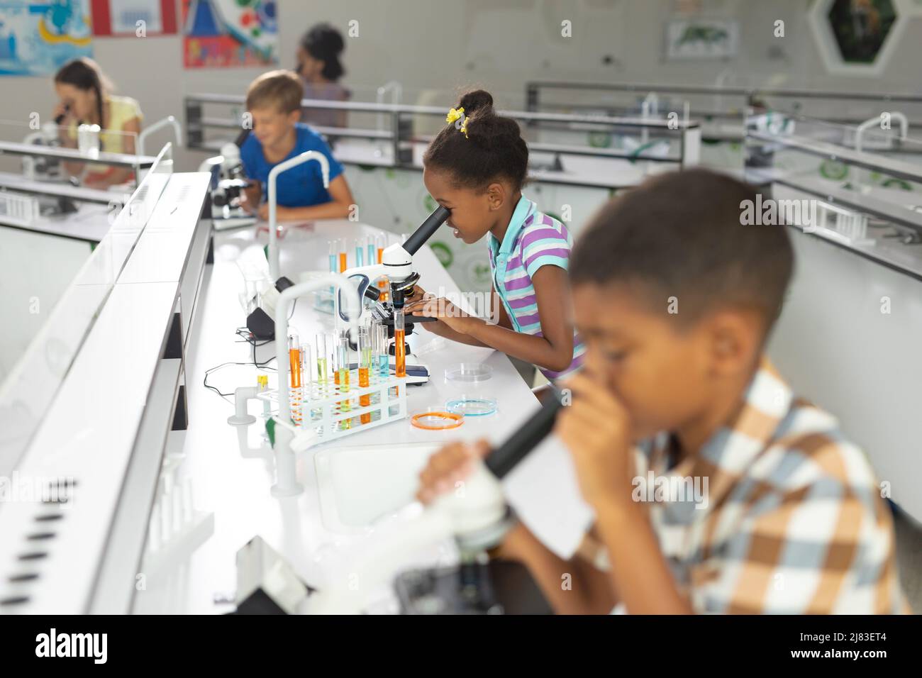 Multiracial elementary students using microscope during science practical in laboratory Stock