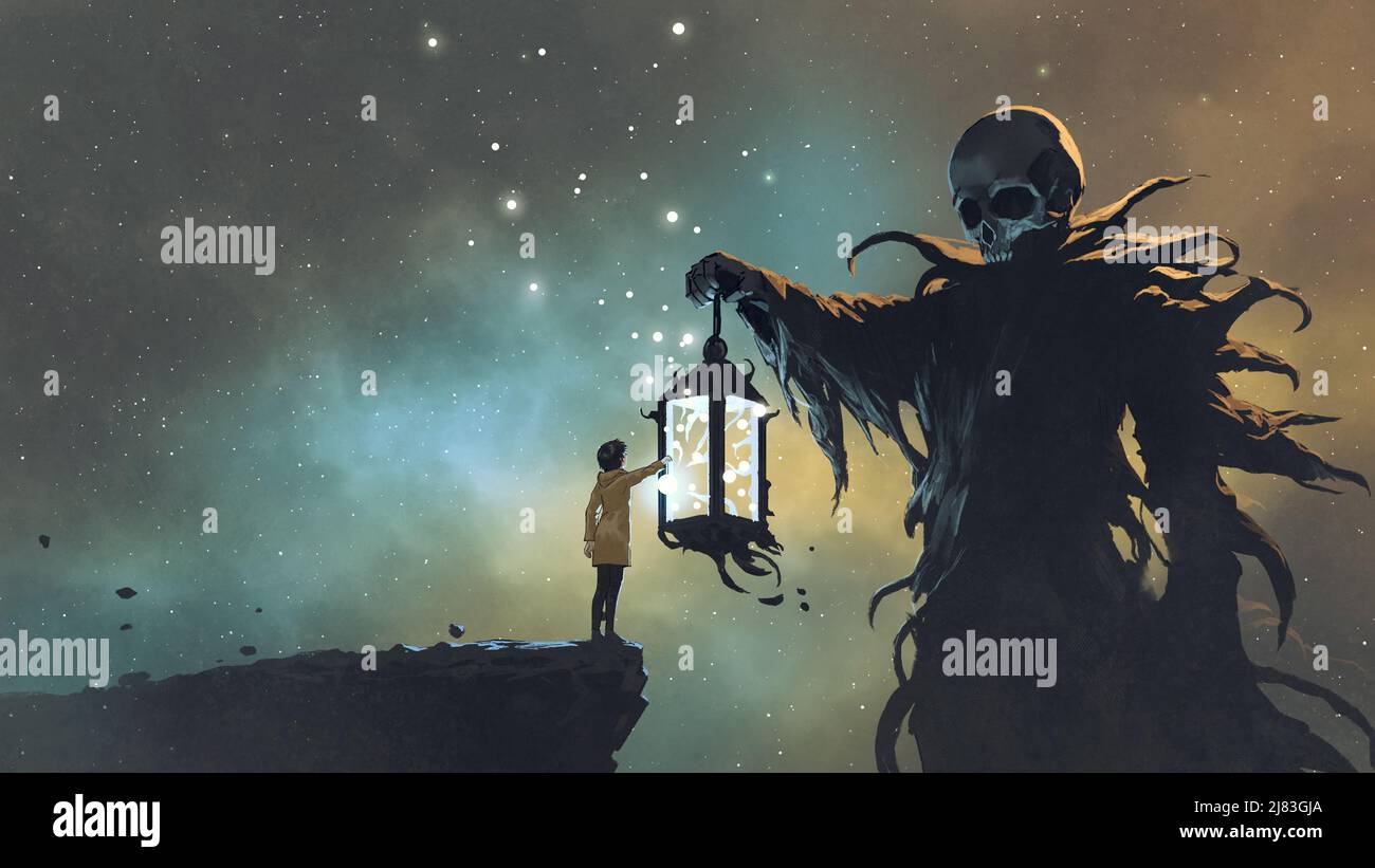 Girl handing a lantern to the watcher, digital art style, illustration painting Stock Photo