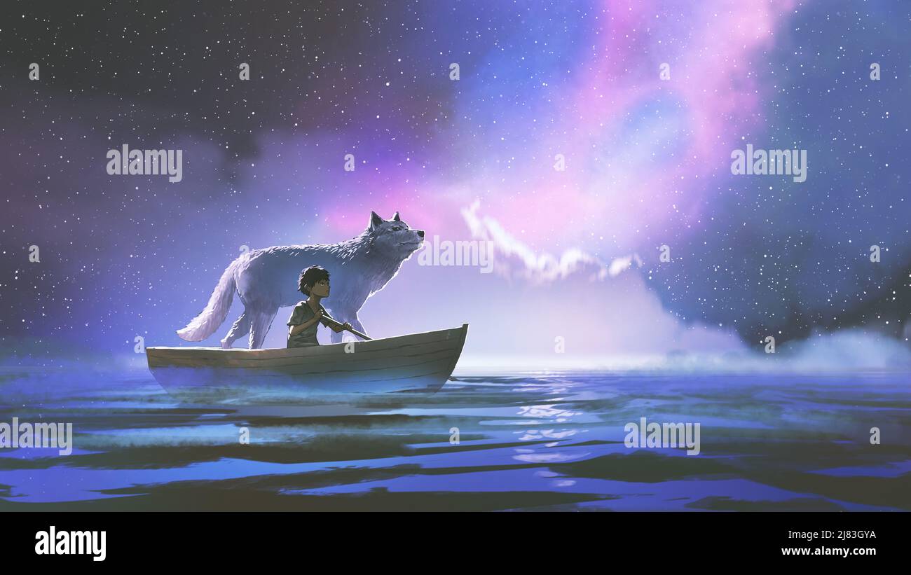 Boy rowing a boat with his wolf among the stars in the night sky, digital art style, illustration painting Stock Photo