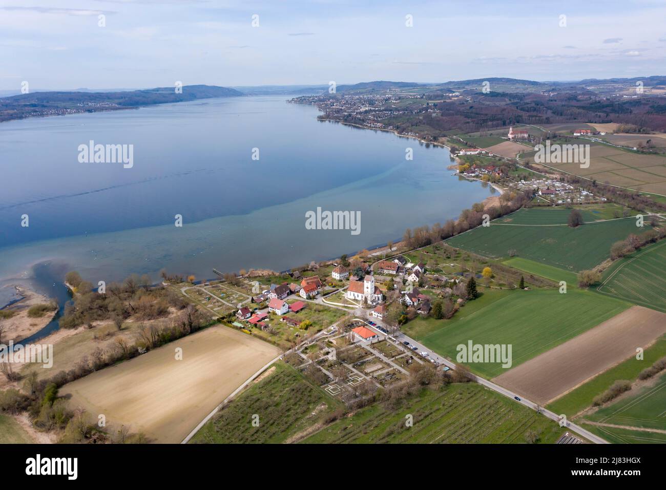 Drone photo, drone shot, wide angle, Seefelden on the shore of Lake Constance, view of St. Martin's church and the camping site and cemetery Stock Photo