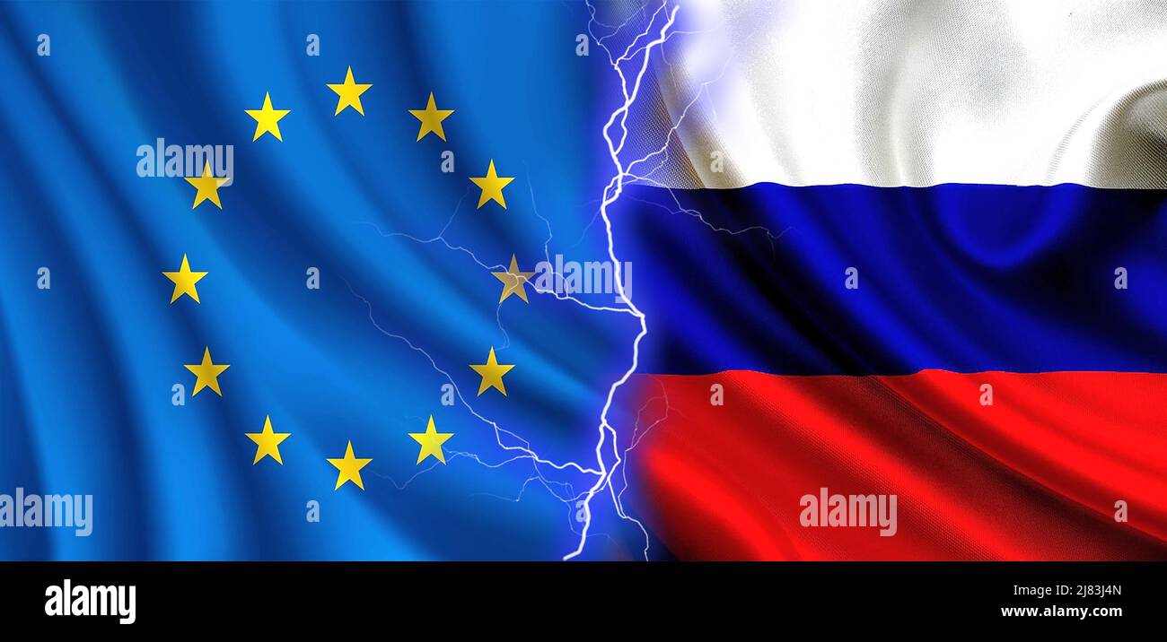 Russia vs european union, countries confrontation concept, european union flag vs russia flag, conflict of interest concept Stock Photo