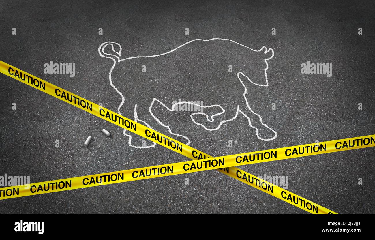 Bull market death and investing warning signs as a financial stock market metaphor with a body chalk outline of a dead economic symbol of a downturn. Stock Photo