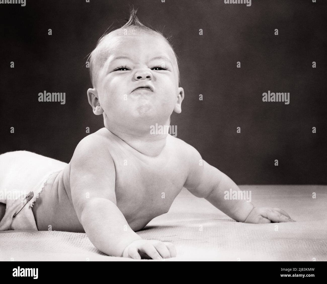 1950s BABY LYING ON STOMACH PUSHING UP HEAD RAISED DEFIANTLY SCRUNCHED UP FUNNY FACIAL EXPRESSION LOOKING AT CAMERA - b4740 HAR001 HARS EXPRESSIONS B&W HUMOROUS STOMACH LOW ANGLE COMICAL DIAPERS UP CONCEPTUAL COMEDY FEISTY BABY BOY BELLIGERENT SMART WISE GUY AGGRESSIVE GROWTH JUVENILES REBELLIOUS SCRUNCHED ARROGANT ATTITUDE BLACK AND WHITE CAUCASIAN ETHNICITY DEFIANT HAR001 OLD FASHIONED Stock Photo