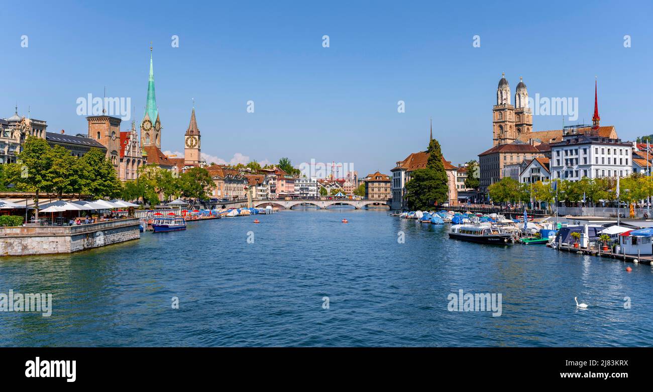 City panorama, Fraumuenster, Grossmuenster, Limmat, Old Town of Zurich, Switzerland Stock Photo
