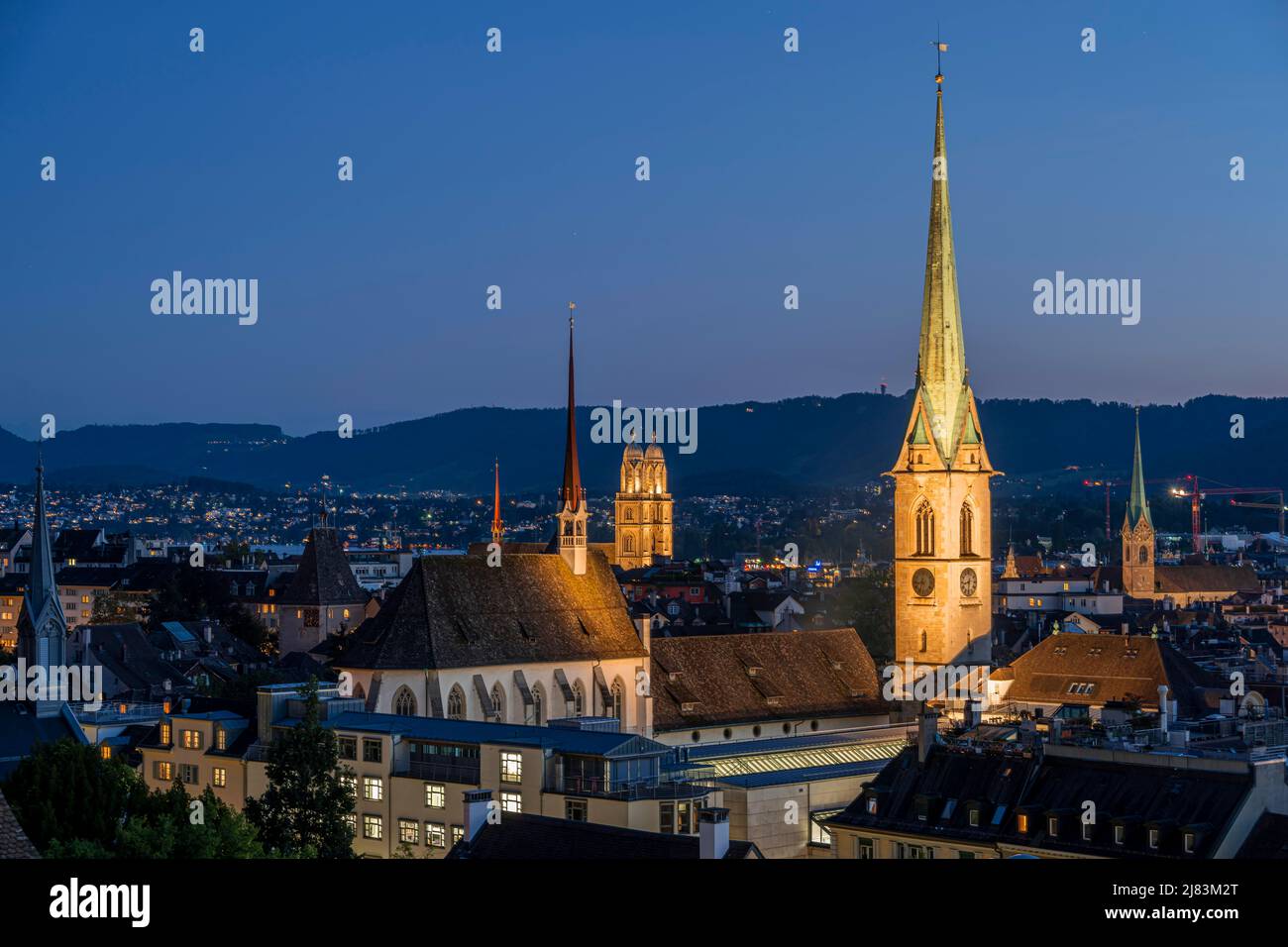 Blick auf die Stadt, Predigerkirche, Kirchtuerme von Zuerich, Nachtaufnahme, Altstadt von Zuerich, Schweiz Stock Photo