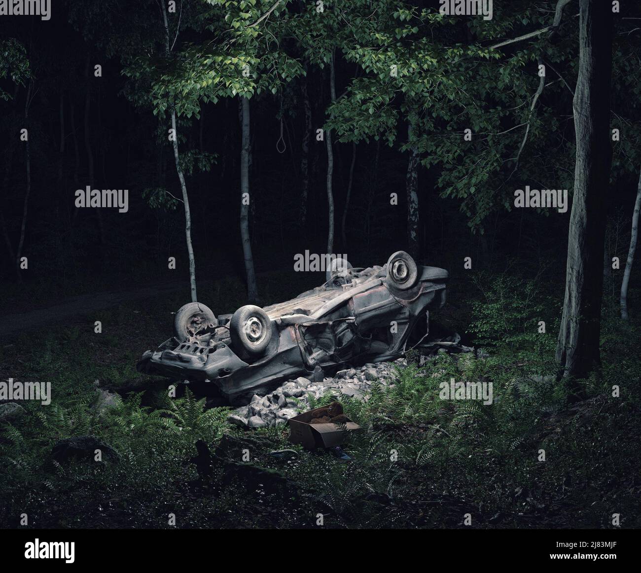 spooky night forest with car  frame . 3d illustration Stock Photo