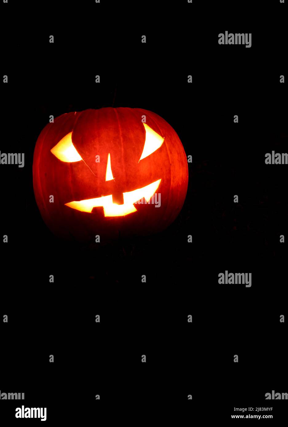 Glowing pumpkins at night, pumpkin face, carved pumpkins, grimace, halloween, dark background Stock Photo