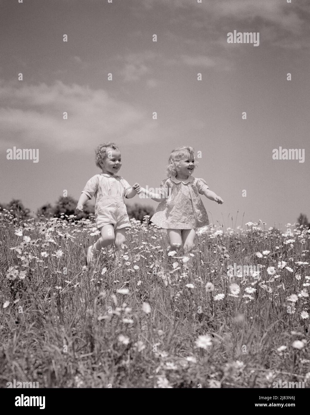 1940s SMILING TODDLER BOY AND GIRL SISTER BROTHER HOLDING HANDS RUNNING THROUGH A SPRINGTIME FIELD OF DAISIES - j6067 HAR001 HARS STYLE BLOND FRIEND PLEASED JOY LIFESTYLE FEMALES WINNING BROTHERS RURAL HEALTHINESS NATURE COPY SPACE FRIENDSHIP FULL-LENGTH PERSONS INSPIRATION MALES SIBLINGS SISTERS B&W DAISY TODDLERS SUMMERTIME DAISIES FREEDOM HAPPINESS CHEERFUL AND LOW ANGLE HOLDING HANDS SIBLING SMILES FRIENDLY JOYFUL BABY BOY PLEASANT AGREEABLE CHARMING GROWTH LOVABLE PLEASING SEASON WILDFLOWERS ADORABLE APPEALING BLACK AND WHITE CAUCASIAN ETHNICITY HAR001 OLD FASHIONED Stock Photo