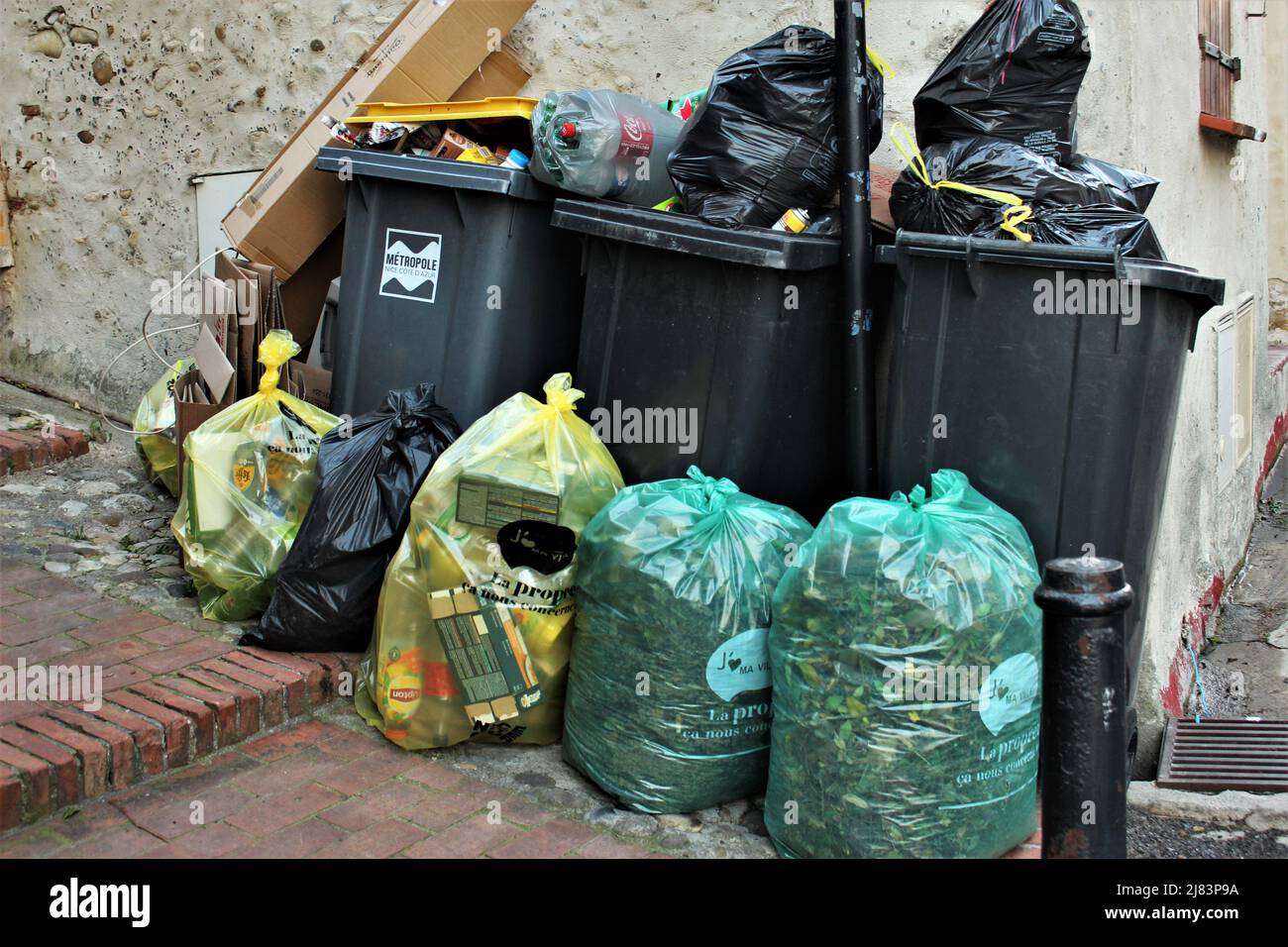 overflowing garbage in Cagnes sur Mer, France Stock Photo