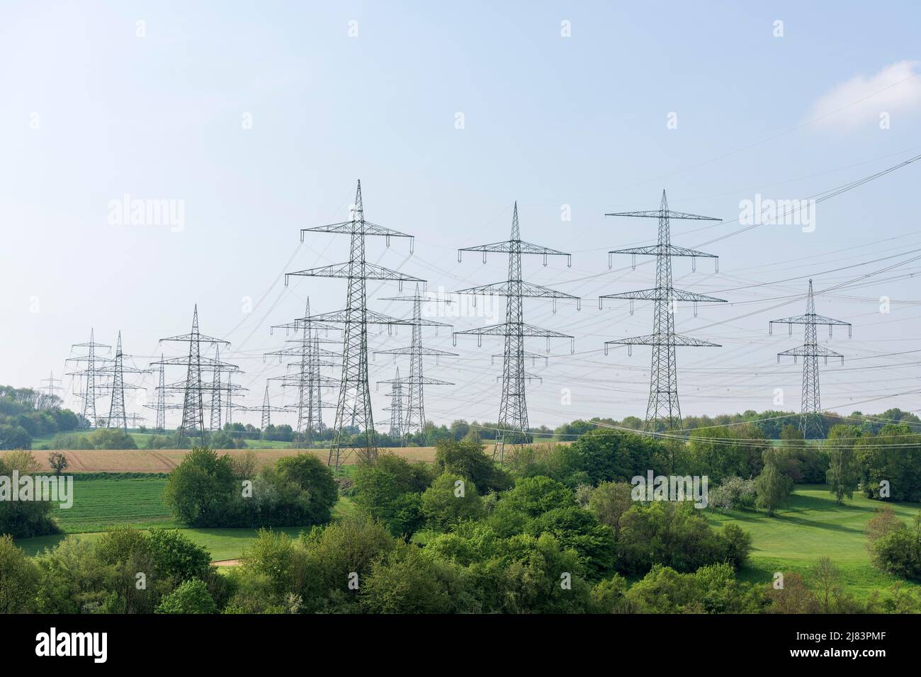 Power pylons, high-voltage lines, Baden-Wuerttemberg Stock Photo