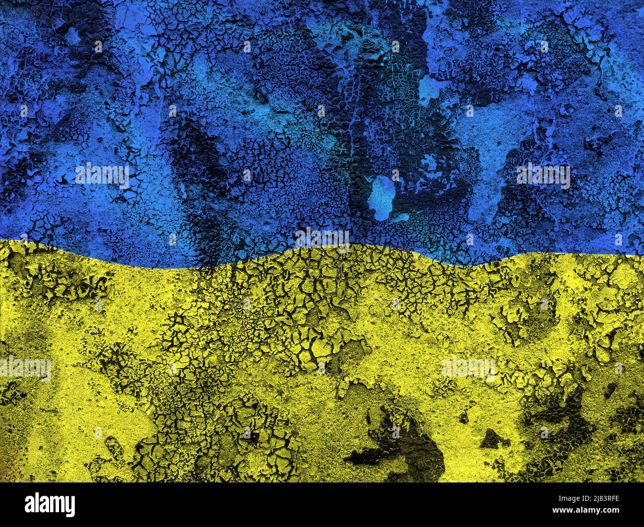 Ukrainian flag on a grunge background wall in relation to their current war with Russia. Stock Photo