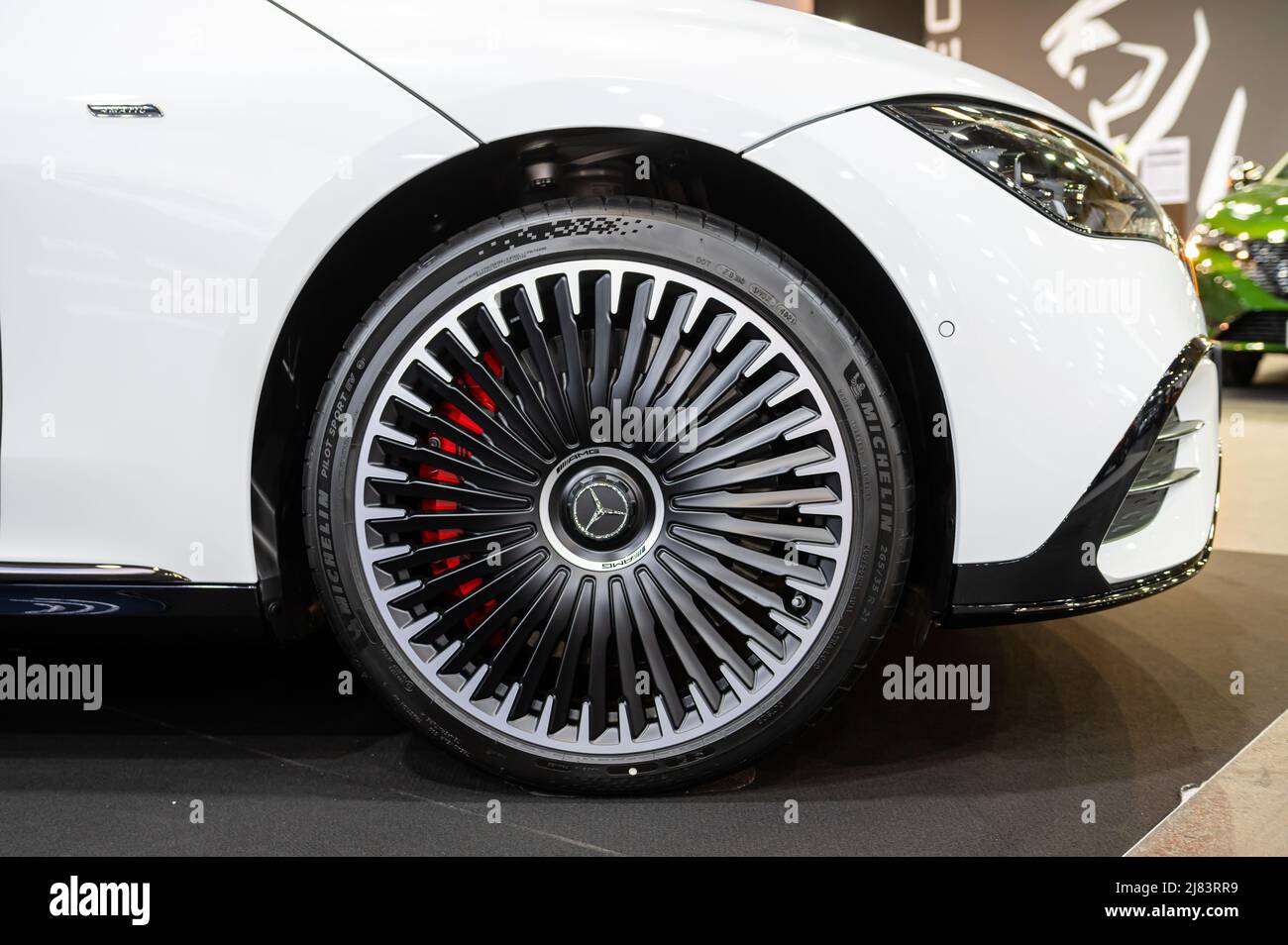 Riga, Latvia, April 29, 2022: Close-up of Mercedes Benz EQS wheel ...