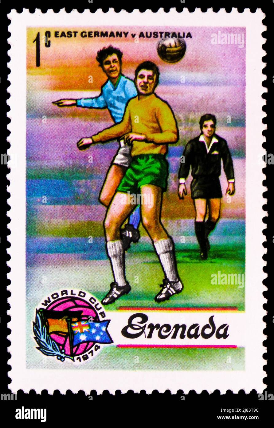 MOSCOW, RUSSIA - APRIL 10, 2022: Postage stamp printed in Grenada shows East Germany vs Australia, FIFA World Cup Football Championship 1974, West Ger Stock Photo