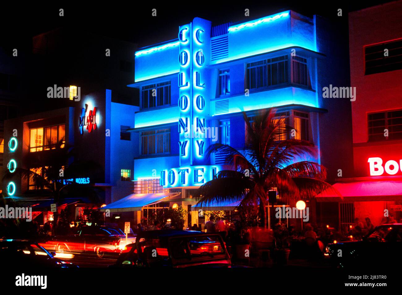 1990s HOTELS WITH NEON SIGNS ON OCEAN DRIVE SOUTH BEACH MIAMI BEACH FL ART DECO AREA  - kr108614 NET002 HARS OLD FASHIONED Stock Photo