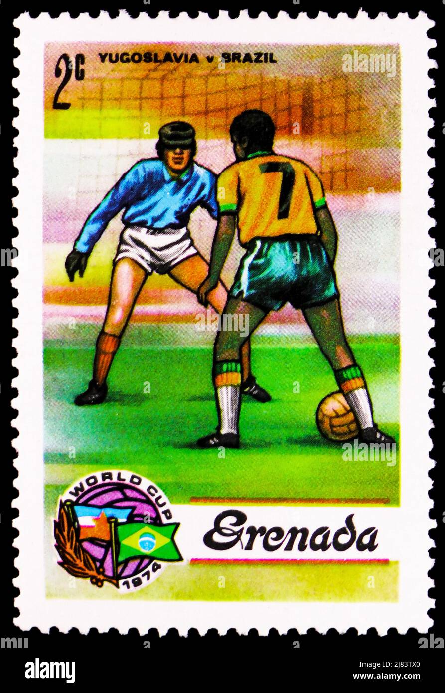 MOSCOW, RUSSIA - APRIL 10, 2022: Postage stamp printed in Grenada shows Yugoslavia vs Brazil, FIFA World Cup Football Championship 1974, West Germany Stock Photo
