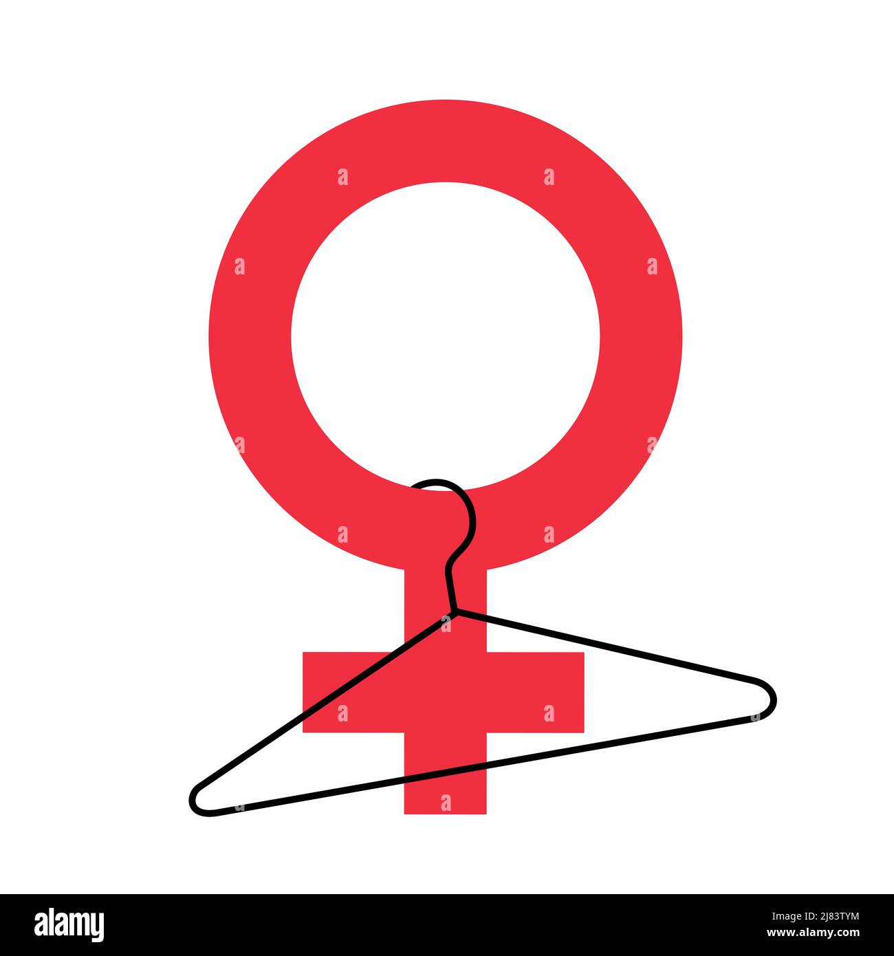 self induced abortion - sex and gender symbol of woman and female with coat hanger. Vector illustration isolated on white. Stock Photo