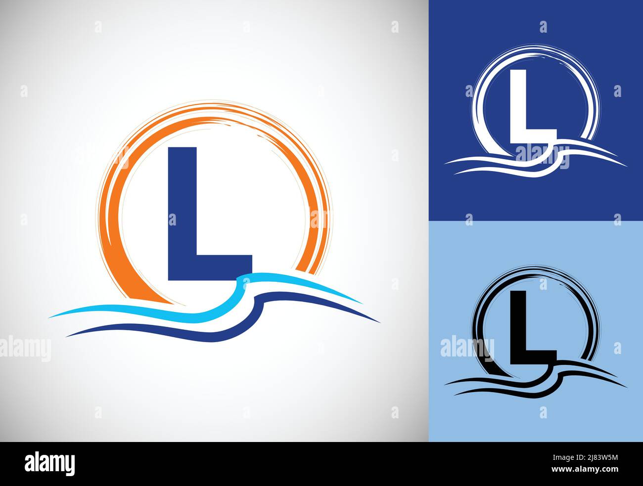 Initial L monogram letter with water ocean waves and the sun. Beach ...