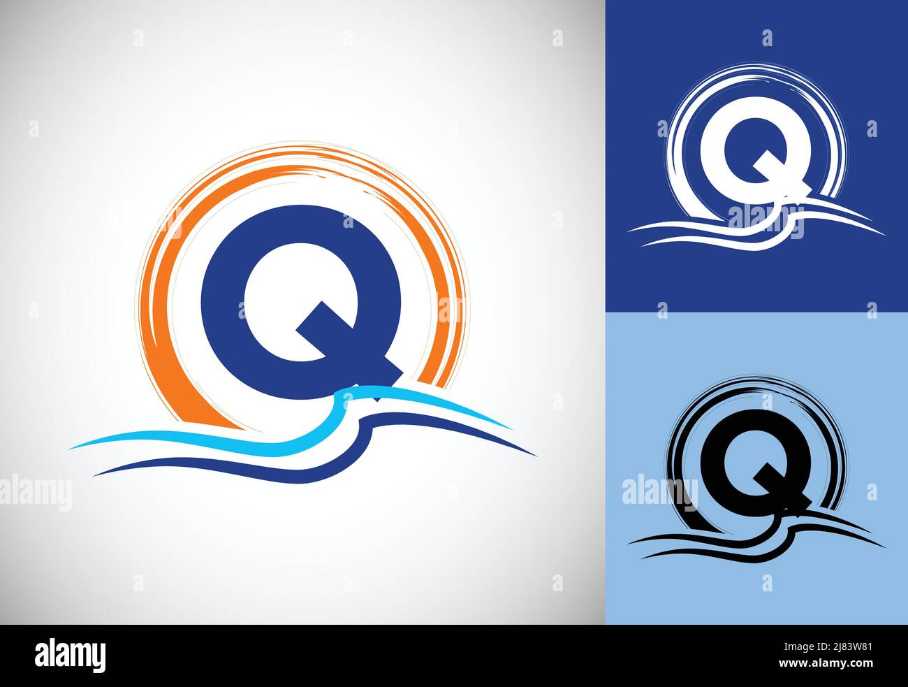 Initial Q monogram letter with water ocean waves and the sun. Beach ...