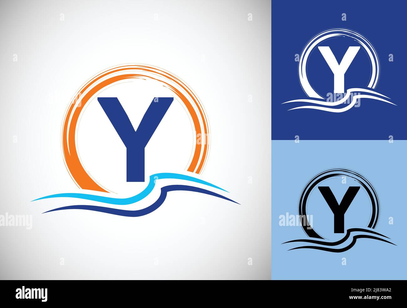 Initial Y monogram letter with water ocean waves and the sun. Beach ...